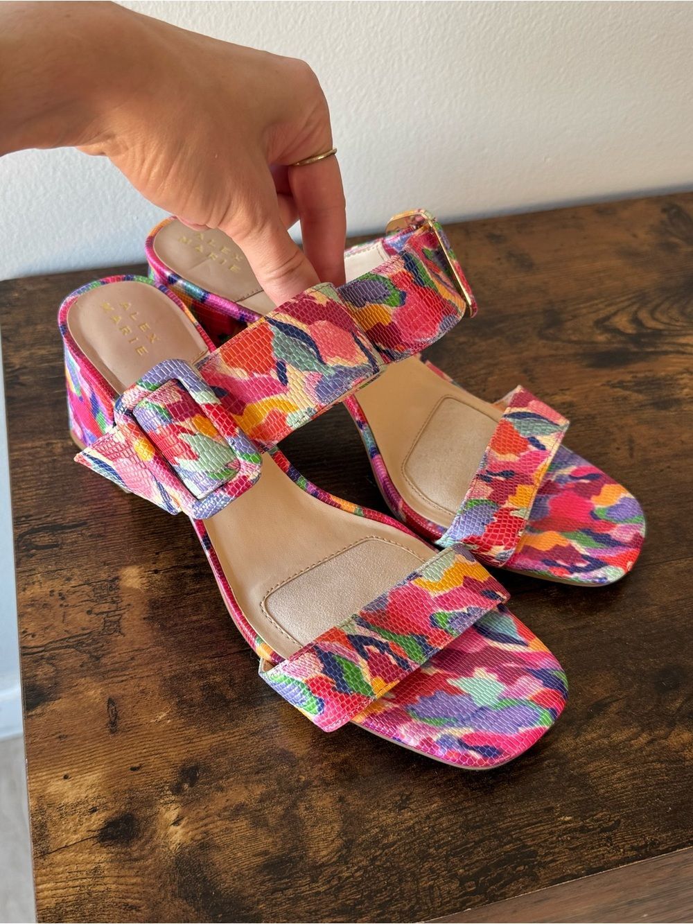 Alex Marie Multicolor Snake Leather Block Heel Sandals Buckle Slide Size 10M